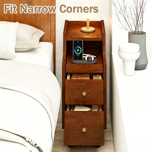 KOMFOTT Narrow Nightstand with Drawers, Solid Wood Bedside Table with Pull-Out Tray & 2 Storage Drawers, Slim Sofa End Table with Cable Management for Small Spaces, Bedroom (Brown)