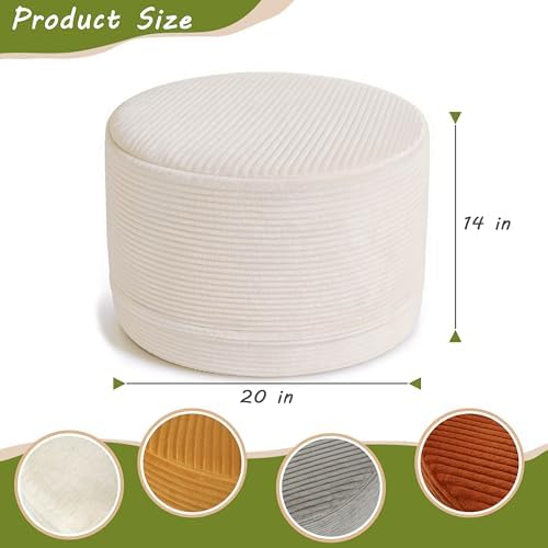 Thgonwid Round Ottoman Pouf, Corduroy Foot Rest Stool, 20x14In, Ivory White
