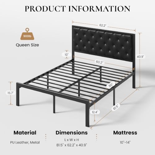 SHA CERLIN Queen Size Metal Bed Frame with PU Tufted Headboard, Black