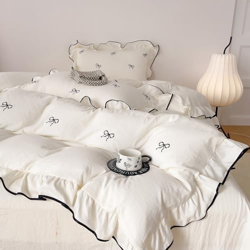 Cream White Bow Duvet Cover King Romantic Princess Style Bedding Set, Lightweight Soft Bowknot Duvet Cover with Zipper Closure, Embroidery Bow Bedding Ruffled Comforter Cover with 2 Pillowcases