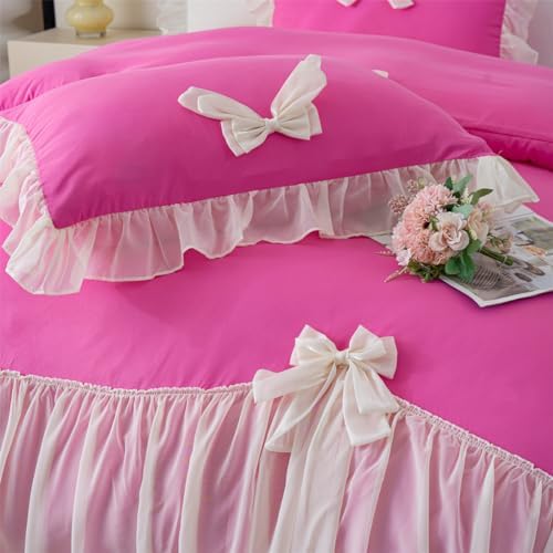 IHOUSTRIY Duvet Cover Queen Size, Ruffle Beddding Set with Bowtie, 3 Pieces Comforter Cover Set with Zipper Closure, Girl Princess Bedding with Pillowcase - Pink, Queen