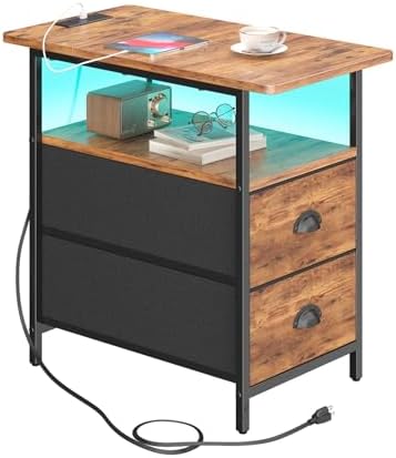 sthmec End Table with Charging Station, Narrow Side Table with 2 Drawers, LED Nightstands with Drawers, USB Ports&Power Oulets,Slim Sofa Side Tables for Small Spaces,Living Room,Bedroom,Rustic Brown