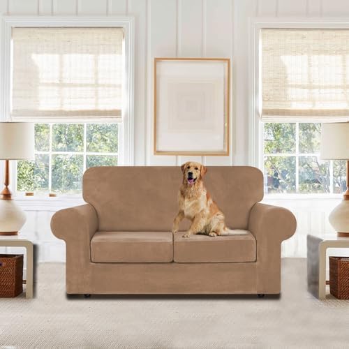 WEERRW Velvet Stretch 3 Pieces Couch Cover for Sofa Washable, Camel