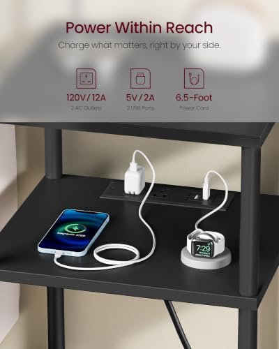 VASAGLE Side Table with Charging Station, 3-Tier Small Tall End Table