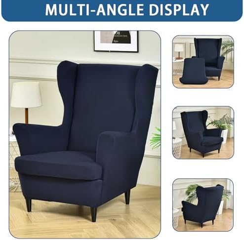 Wingback Chair Slipcover 2 Piece Stretch Armchair Cover Furniture Protector Washable Spandex Wing Navy Blue Chair Covers for Living Room
