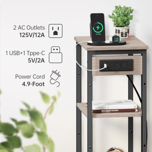 Asgolion Tall End Table with Charging Station, Narrow Tall Side Table