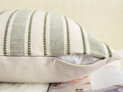 Cethom Decorative Boho Throw Pillow Covers, Farmhouse Textured Pillow Case, 18 x 18 Inch Set of 2, Chair Sofa Bedroom Living Room Home Decor Couch Cushion Case, Olive Green and Beige Striped