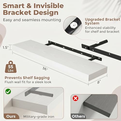 36 Inch Floating Shelves for Wall, 8"D Wood Storage Shelves, White Finish