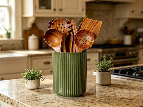 Large Stoneware Kitchen Utensil Holder for Kitchen Counter & Countertop Cooking Utensil Holder Spatula Holder Utensil Crock for Kitchen Counter Vertical Ribbed Fluted Stripe (Retro Green)