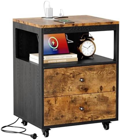 Bedroom Nightstand with Charging Station, Side Table with 2 Drawers,Sofa End Table Living Room with Wheels for Living Room Bedroom Office(Rustic Brown + Black)