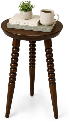 Solid Wood Side Table, 23.6" Tall Round End Table, 11.8" Pedestal Drink Table, Accent Table,Mid Century Modern Plant Stand Small Stool for Living Room, Bedroom, Bathroom, Dark Walnut