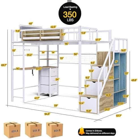 Loft Bed with Desk and Stairs, Headboard, Outlet (White, Full)