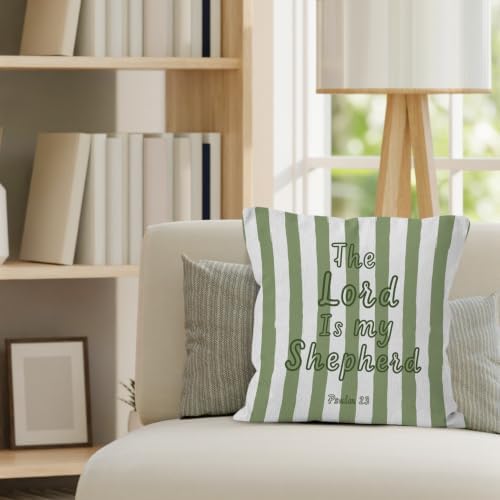 Green Striped Christian Bible Verse Scripture Throw Pillow Cover 18x18