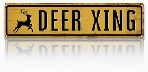 Rustic Farmhouse Metal Tin Sign, Deer Xing Sign, Vintage Animal Road Signs, Decor for Farm Road, Outdoor Yard, Weather Resistant, Easy Mounting, 15.7 x 3.9 inch