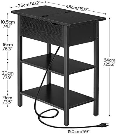 HOOBRO Side Table, Flip End Table with Charging Station and Shelves, USB Ports & Power Outlets, Narrow Nightstand for Small Spaces, Stable and Sturdy, for Living Room, Black BK341BZ01