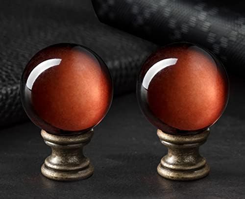 2 Pack Crystal Lamp Finial Cap with Antique Brass Finish Base, 2 Inches Tall, Ball Shaped Tawny Glass with Screw Knob Base, Decoration Accessories for Table and Floor Lamps Shade Top