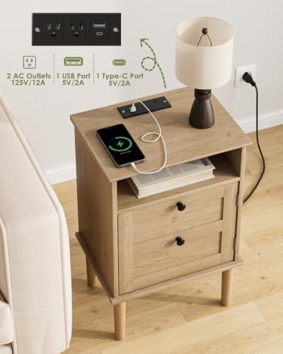 Nightstand with Charging Station, Boho Night Stand with 1 Drawer, Modern Side Accent Table with Open Shelf, Wooden Top Bedside End Table for Bedroom, Living Room, Natural