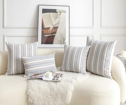 Cethom Decorative Boho Throw Pillow Covers, Farmhouse Textured Pillow Case, 20 x 20 Inch Set of 2, Chair Sofa Bedroom Living Room Home Decor Couch Cushion Case, Classic Blue and Beige Striped