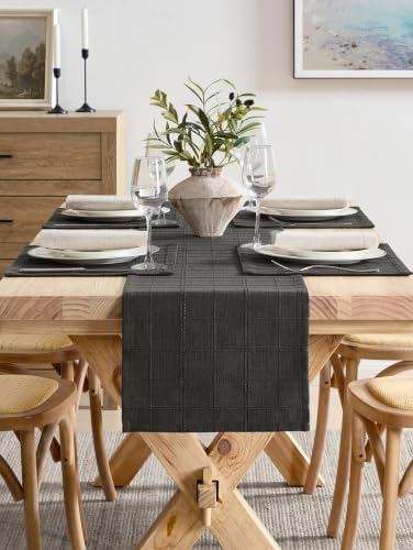 ZeeMart Linen Checked Farmhouse Table Runner, 13x60 Inches Charcoal