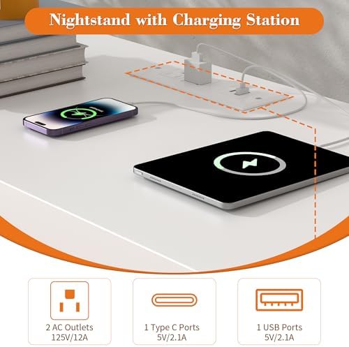 COWMOU White Fluted 3-Drawer Nightstand with Built-in Charging Station