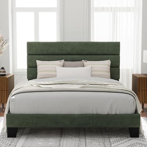 Allewie Queen Size Platform Bed Frame with Fabric Upholstered Headboard and Wooden Slats Support, Fully Upholstered Mattress Foundation/No Box Spring Needed/Easy Assembly, Green