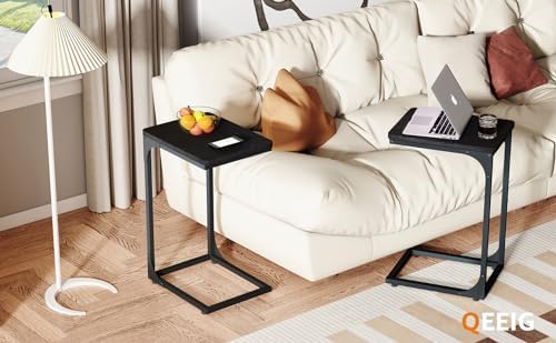 QEEIG C Shaped End Table Side Tables for Couch Set of 2, Black