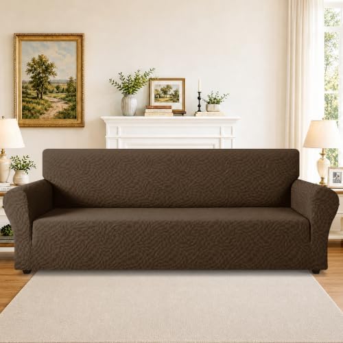 ZNSAYOTX 1 Piece Stretch Oversized Sofa Covers (91"-112"), New Plaid Couch Cover with Non-Slip Buckle for Dog Pets, Ultimate Soft Cozy Washable X-Large Sofa Slipcover Form Fit Protector, Coffee