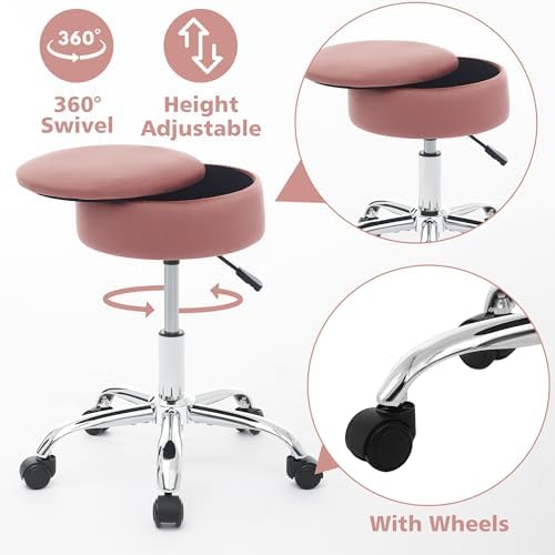 Adjustable Vanity Stool Storage Swivel Rolling Vanity Chair with Wheels