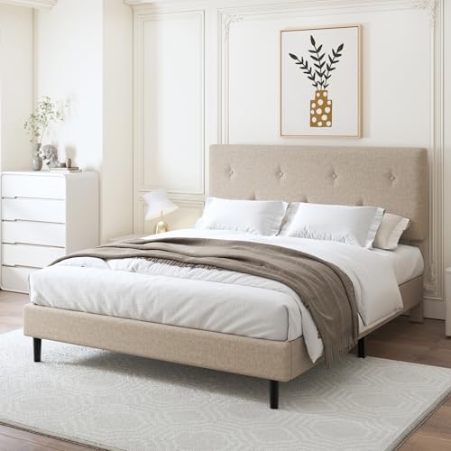 Full Size Linen Bed Frame with Adjustable Headboard Beige