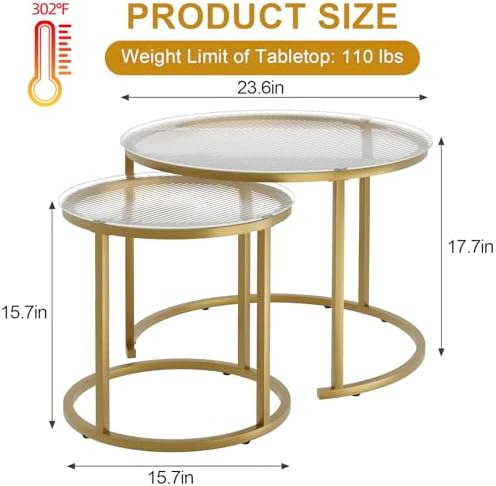 aboxoo Nesting Coffee Table Set of 2, Small Round Glass Nesting Tables for Living Room Bedroom, Accent Tea Table with Gold Metal Frame Modern Industrial Simple