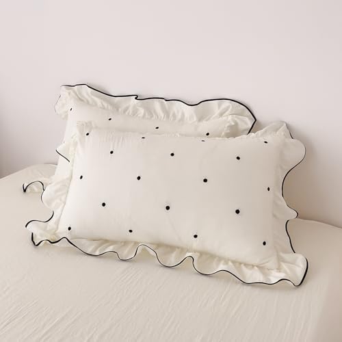Polka Dot Twin Duvet Cover Set Off White Embroidered Twin Comforter Cover Soft Ruffled Washed Brushed Microfiber Zipper Duvet Cover Set with Pillow Cases Teen Girl Bedding Cream Duvet Protector