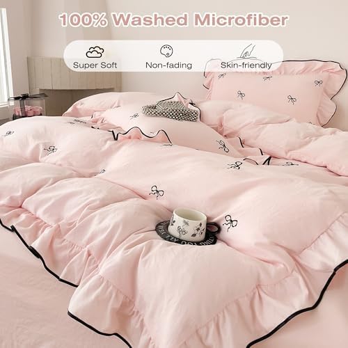 Chic Bow Duvet Cover Full Size 3 Pieces Vintage Pink Ruffled Bedding Set
