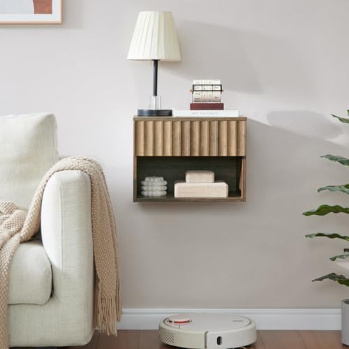 BuildHom Floating Nightstand with Fluted Drawer, Bedside Table