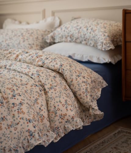 Girl's Small Floral Print Duvet Cover Set Twin Ruffled Bedding,Blue Flower