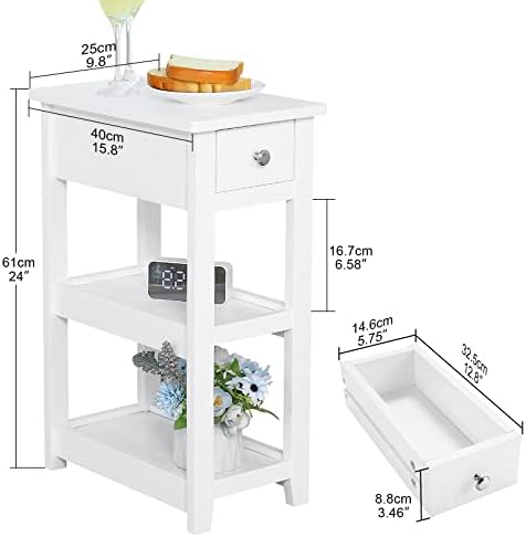 SEJOV Narrow Side Table, Small White End Table with Drawer and 2 Shelves
