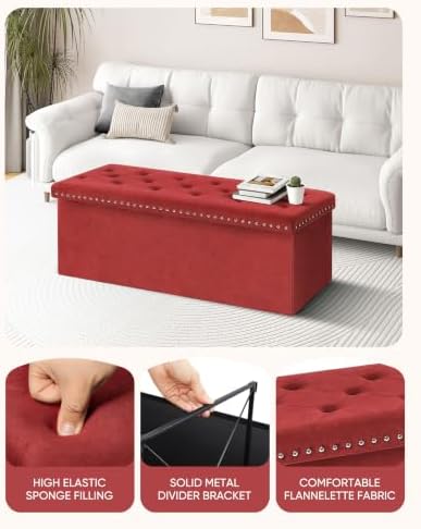 B FSOBEIIALEO Storage Ottoman Bench, 43" Velvet Ottoman With Storage, Red