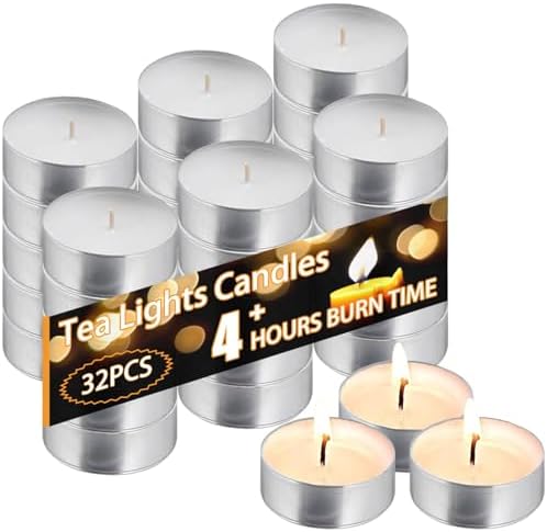 Tea Light Candles 32Pcs, 4 Hour Long time Burning, Bulk White Unscented Smokeless Tea Candles for Home, Shabbat, Weddings, Events, Emergencies (32Pcs-White)