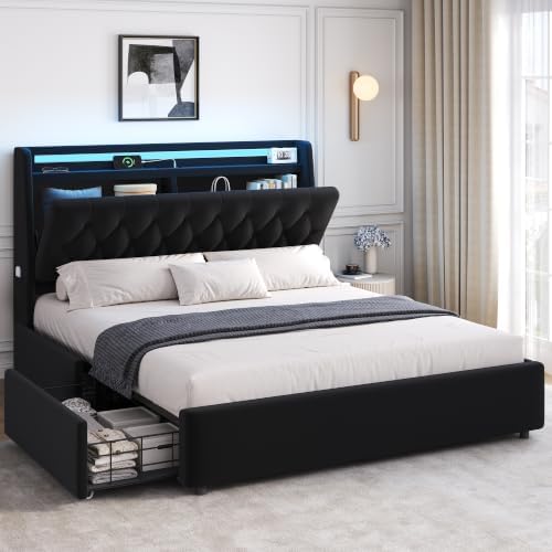 Full LED Velvet Bed Frame with 2 Storage Drawers&Hidden Headboard, Upholstered Platform Bed with Charging Station&Button Tufted Design, Wooden Slats Support, Box Spring Optional, Easy Assembly, Black