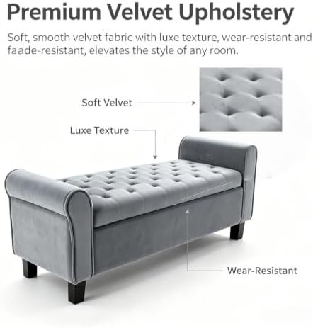 51 Inch Grey Velvet Storage Ottoman Bench with Rolled Armrests