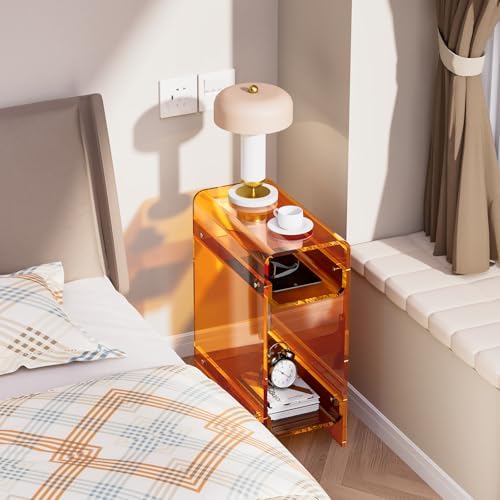 Clear Acrylic Side Table, Narrow Nightstand Bedside Table for Bedroom, Skinny Small End Table (Orange, 11.8'' x 15.7'' x 21.7")