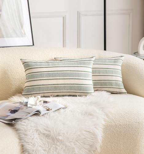 Cethom Decorative Boho Lumbar Throw Pillow Covers, Farmhouse Textured Pillow Case, 12 x 20 Inch Set of 2, Chair Sofa Bedroom Living Room Home Decor Couch Cushion Case, Green and Beige
