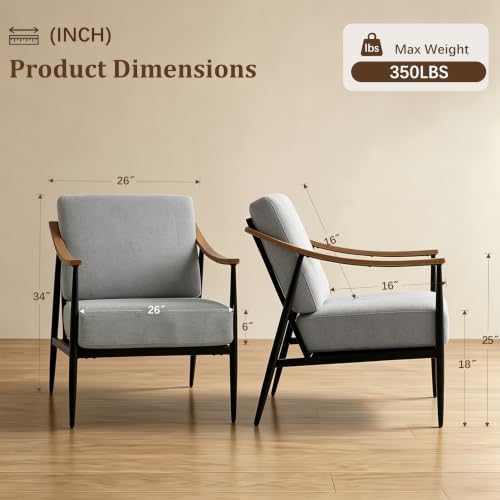 RNKSFX Modern Accent Chairs Set of 2 for Living Room Bedroom Mid Century Arm Chairs Upholstered Office Accent Chairs Comfy Waiting Room Chairs with Metal Frame, Grey