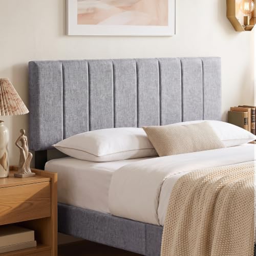 GIANTEX Linen Upholstered Headboard, Adjustable Width Button Tufted Headboard Only with Solid Wood Legs, Attach Frame, Modern Headboards for Queen Full Size Bed, Gray