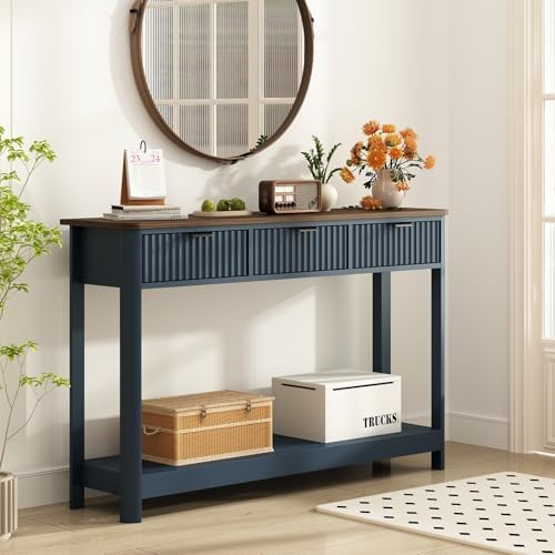 RUSTOWN Fluted Wood Console Table with 3 Drawers, 47.2" Boho Entryway Table