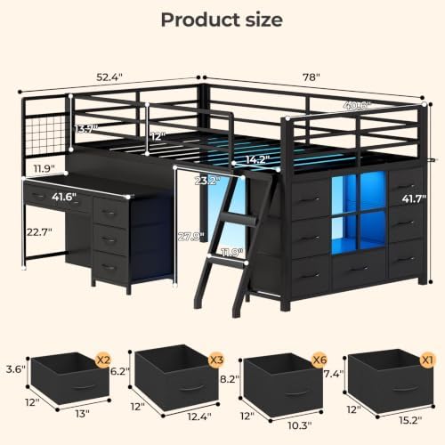 Low Loft Bed Twin Size with Desk, 12 Storage Drawers, Window, Black