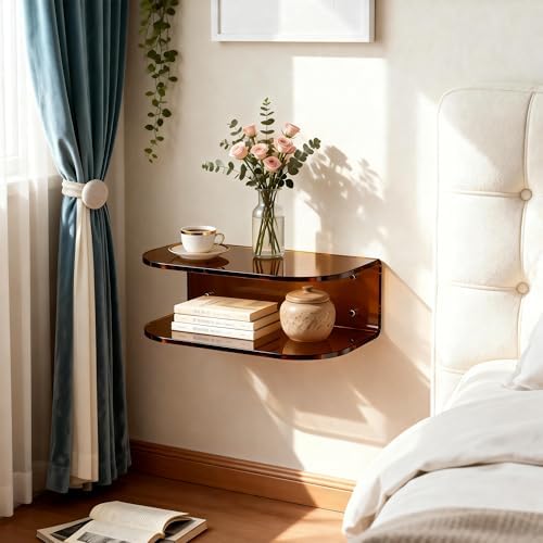 Acrylic Floating Nightstand, Wall Mounted Bedside Table Shelf (Dark Brown, 15.7”×9.4“×5.9”)
