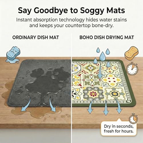 Boho Dish Drying Mat for Kitchen Counter - Super Absorbent Faux Leather Kitchen Mat, Quick Dry & Non-Slip Countertop Protector, Aesthetic Bohemian Decor for Coffee Bar (17"x31.5", GN)