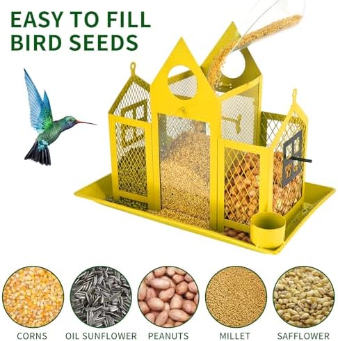 Solar Bird Feeders House for Outside Hanging, Metal Wild Bird Feeder for Outdoors, Large Cardinal Bird Feeder Birdhouses Squirrel Proof (Yellow)