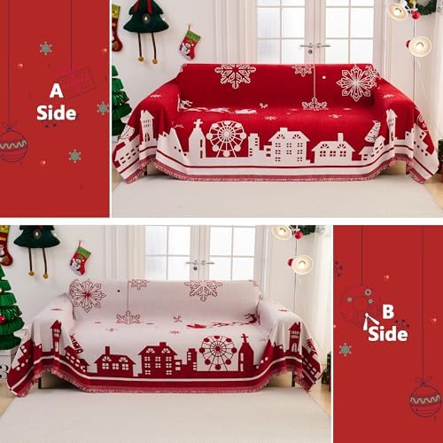 MEETSKY Red Christmas Couch Cover for Dogs, Chenille Sofa Throw Cover for Love seat Sofa with Pets Friendly, Thick Soft Fabric Jacquard Sofa Covers Washable Modern Style for Living Room, 71" x 102"