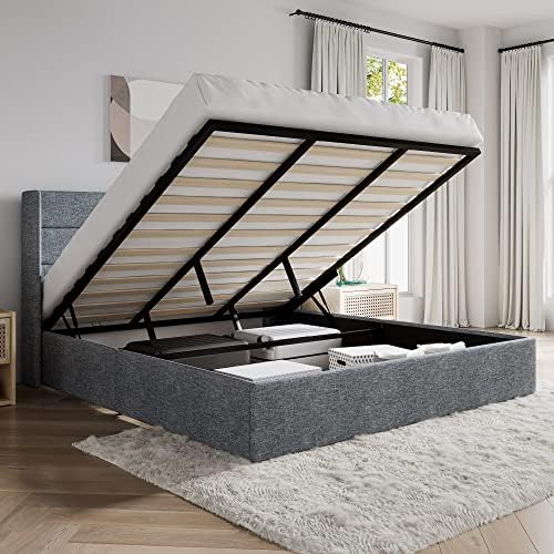 SHA CERLIN King Size Lift Up Hydraulic Storage Bed Frame Blue Grey